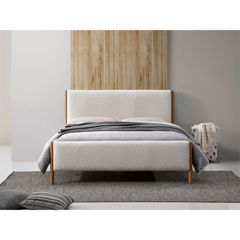 Omax Decor Liana Upholstered Platform Queen Bed in White Boucle Fabric