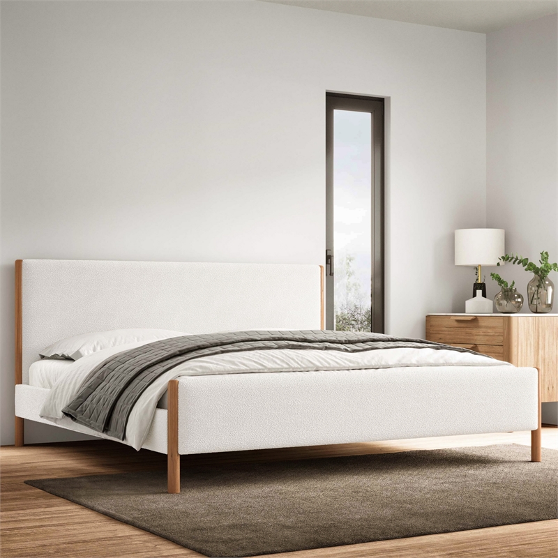 Omax Decor Liana Upholstered Platform King Bed in White Boucle Fabric