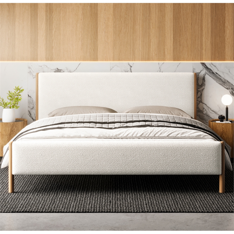 Omax Decor Liana Upholstered Platform King Bed in White Boucle Fabric