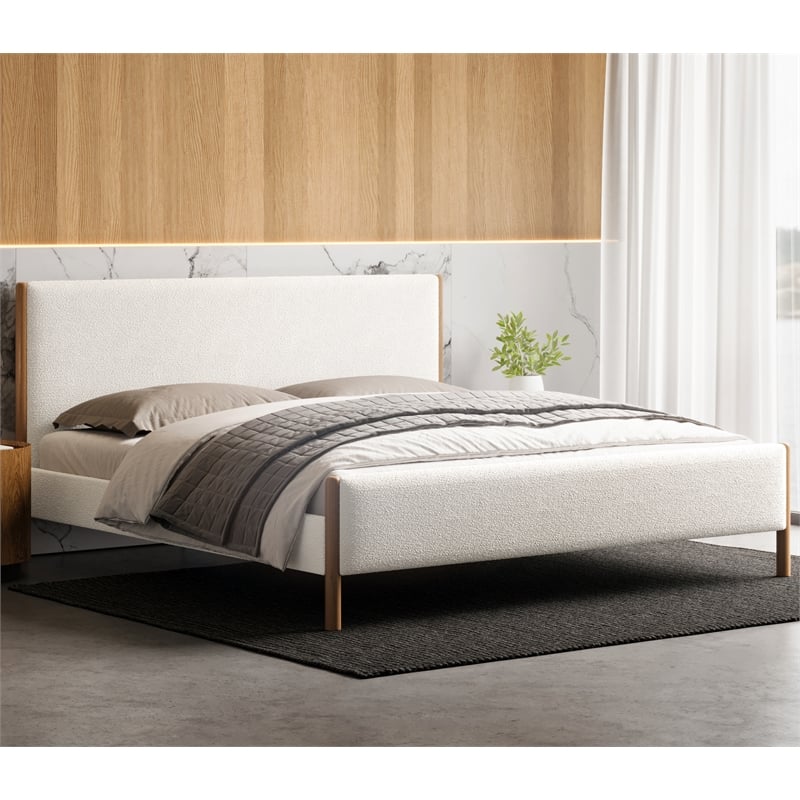 Omax Decor Liana Upholstered Platform King Bed in White Boucle Fabric