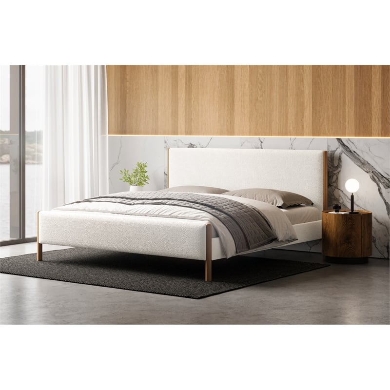 Omax Decor Liana Upholstered Platform King Bed in White Boucle Fabric