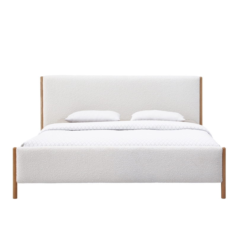 Omax Decor Liana Upholstered Platform King Bed in White Boucle Fabric