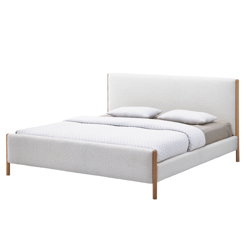 Omax Decor Liana Upholstered Platform King Bed in White Boucle Fabric