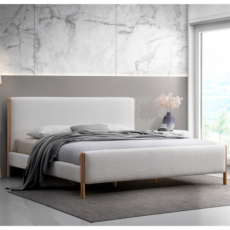 Omax Decor Liana Upholstered Platform King Bed in White Boucle Fabric