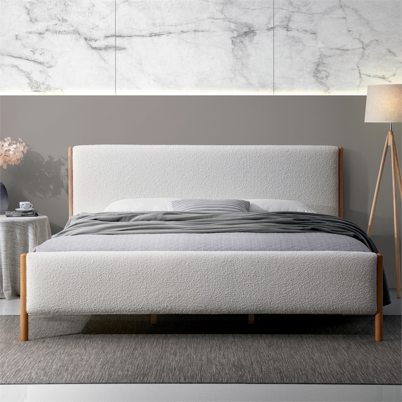 Omax Decor Liana Upholstered Platform King Bed in White Boucle Fabric