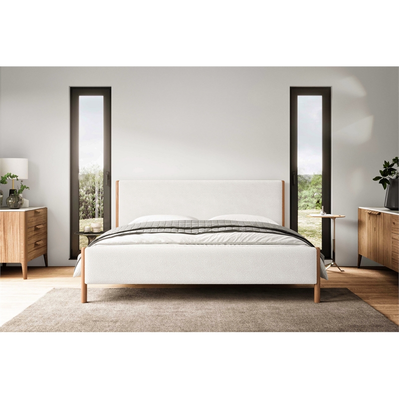 Omax Decor Liana Upholstered Platform King Bed in White Boucle Fabric