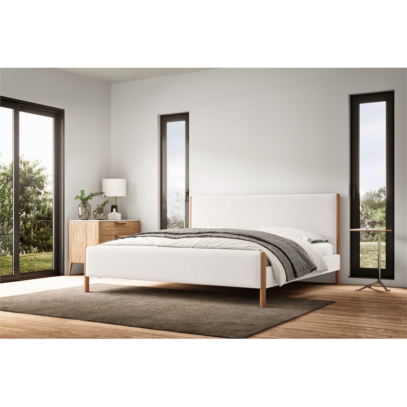 Omax Decor Liana Upholstered Platform King Bed in White Boucle Fabric