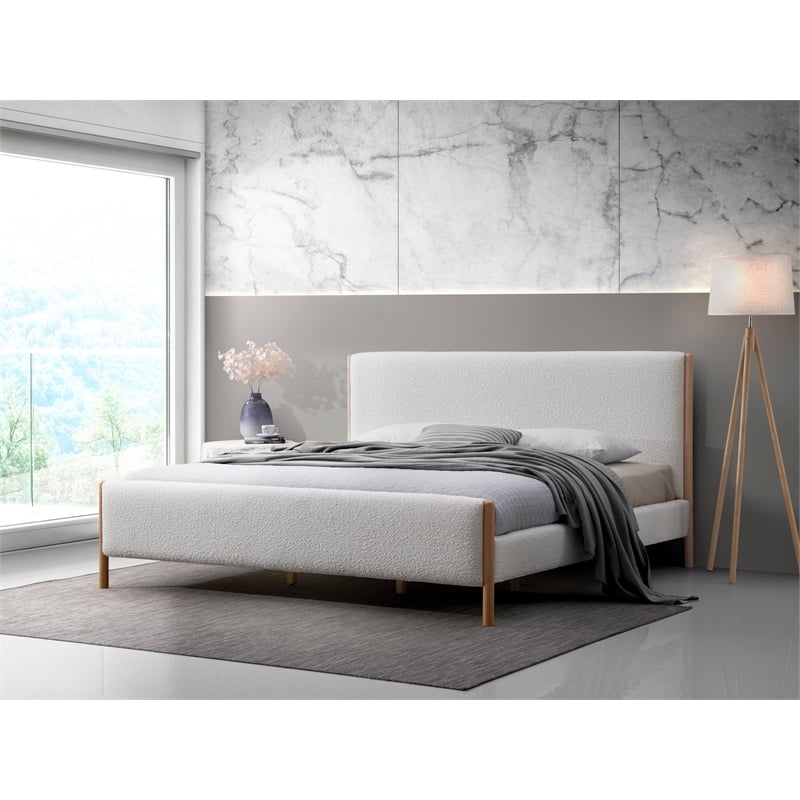 Omax Decor Liana Upholstered Platform King Bed in White Boucle Fabric