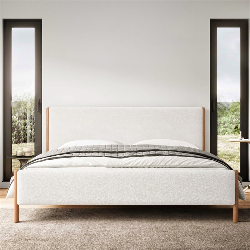 Omax Decor Liana Upholstered Platform King Bed in White Boucle Fabric