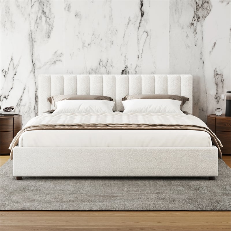 Omax Decor Jaxon Upholstered Platform King Bed in White Boucle Fabric