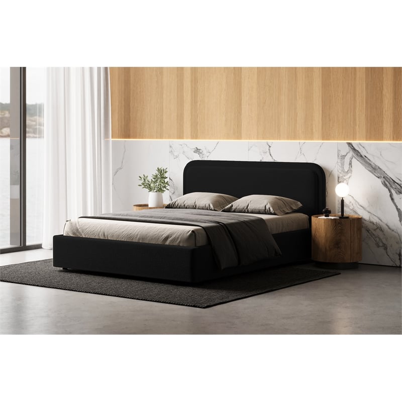 Omax Decor Upholstered Platform Queen Bed in Black Boucle Fabric
