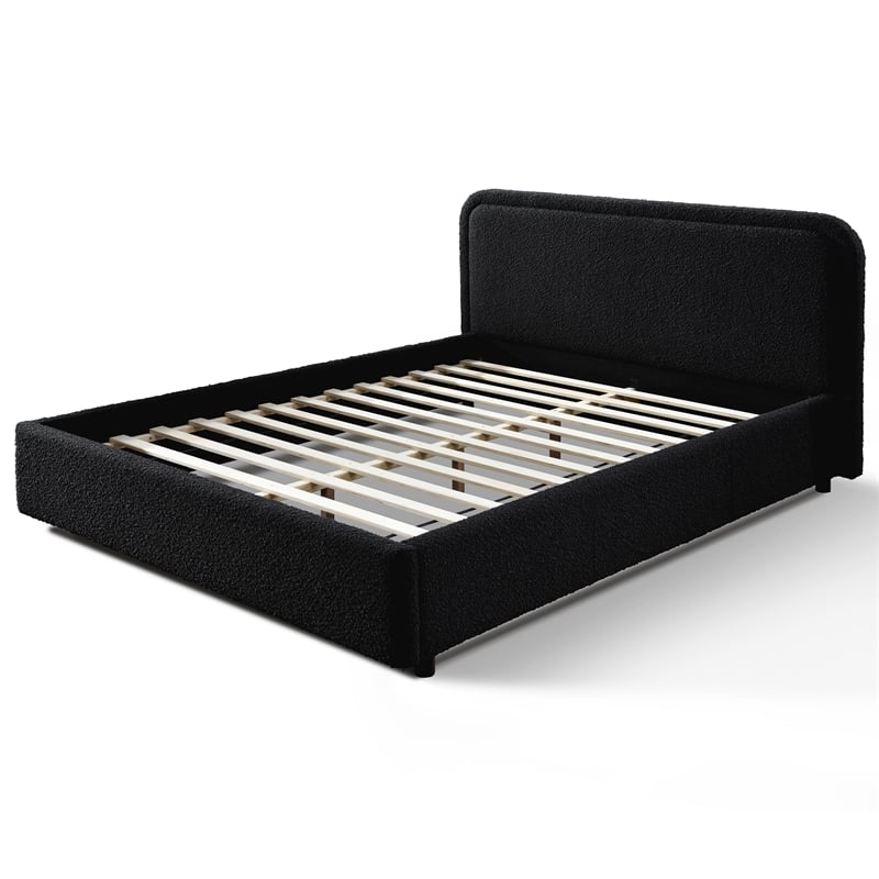 Omax Decor Upholstered Platform Queen Bed in Black Boucle Fabric