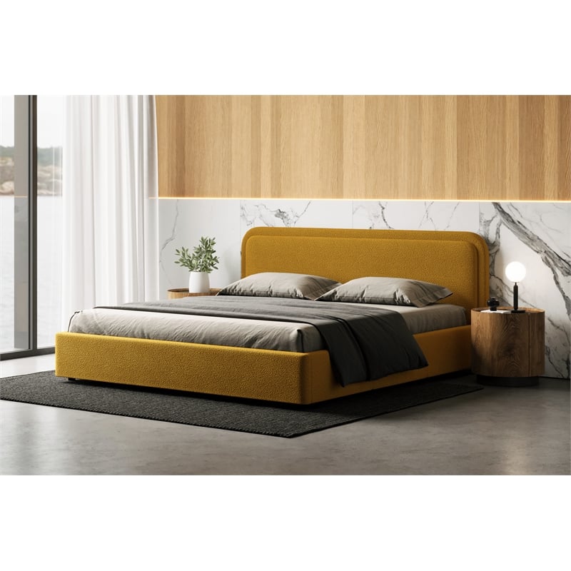Omax Decor Upholstered Platform King Bed in Mustard Boucle Fabric