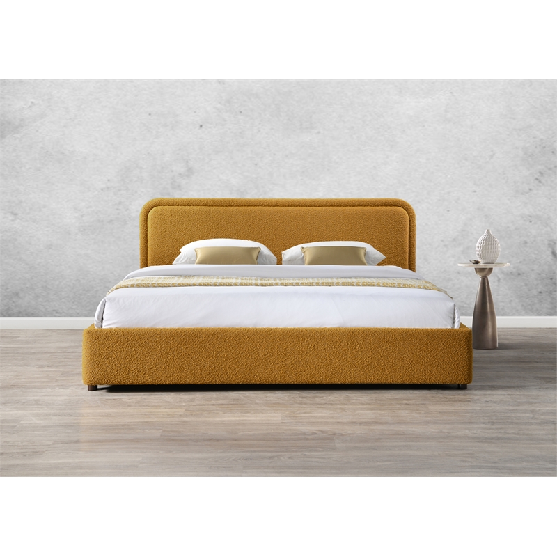 Omax Decor Upholstered Platform King Bed in Mustard Boucle Fabric