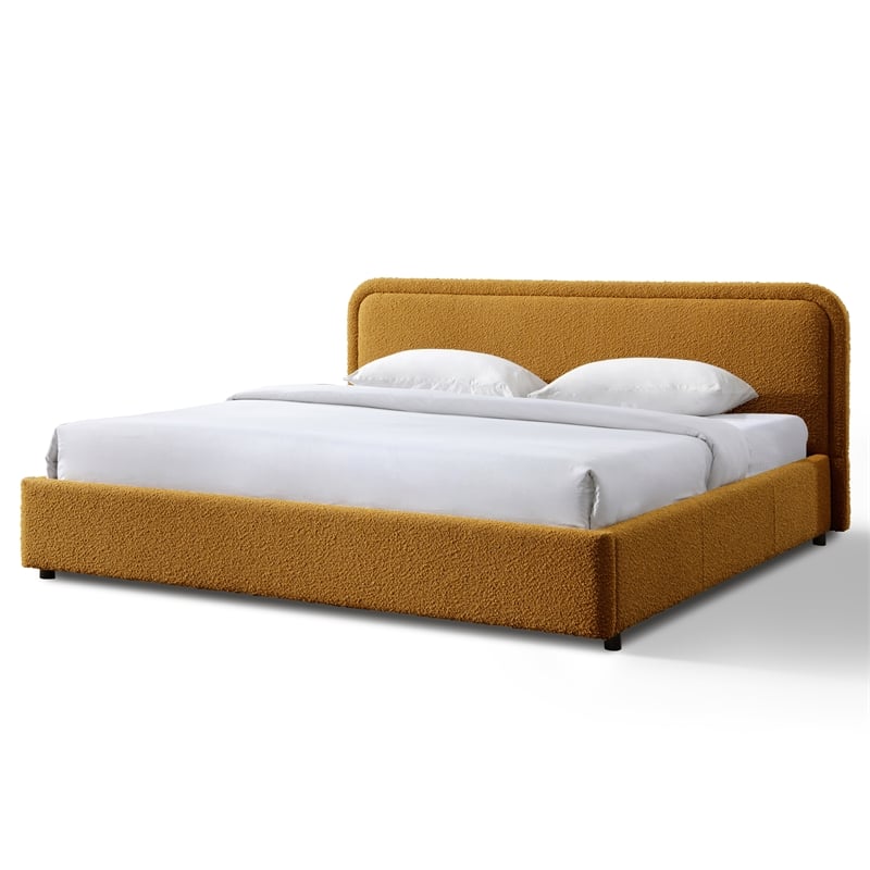 Omax Decor Upholstered Platform King Bed in Mustard Boucle Fabric