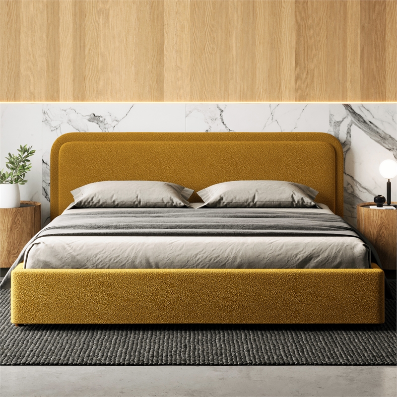 Omax Decor Upholstered Platform King Bed in Mustard Boucle Fabric