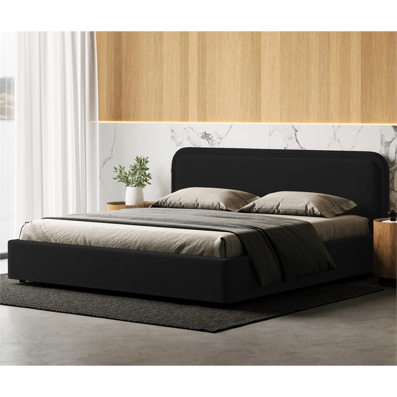 Omax Decor Upholstered Platform King Bed in Black Boucle Fabric