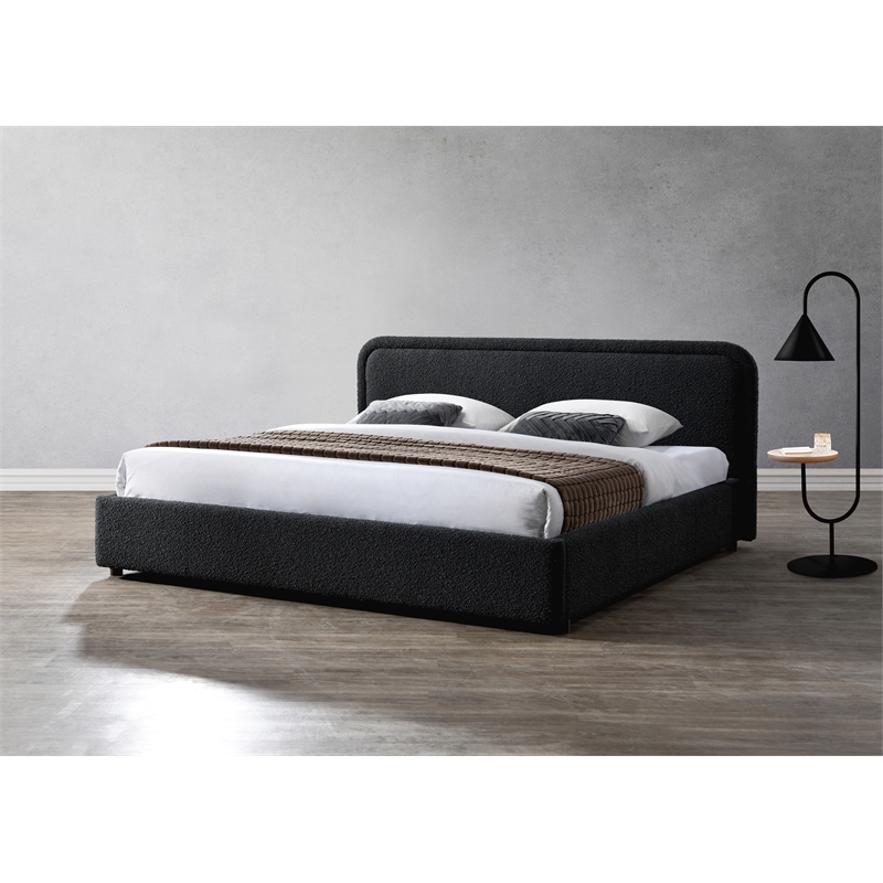 Omax Decor Upholstered Platform King Bed in Black Boucle Fabric