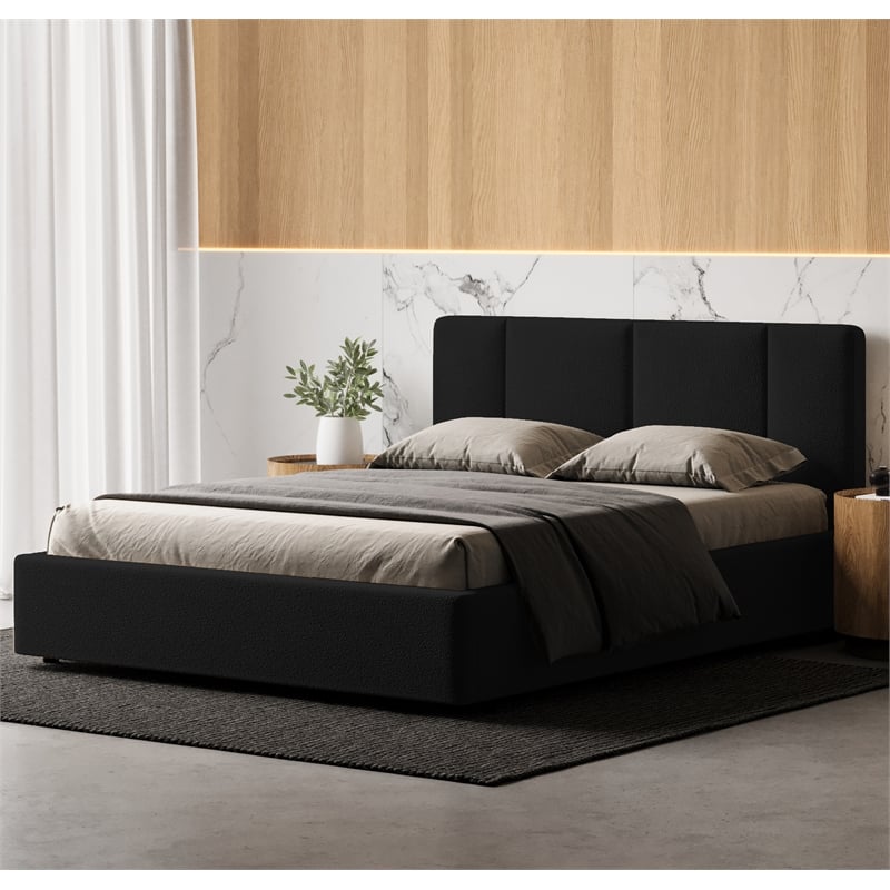 Omax Decor Venice Upholstered Platform Queen Bed in Black Boucle Fabric