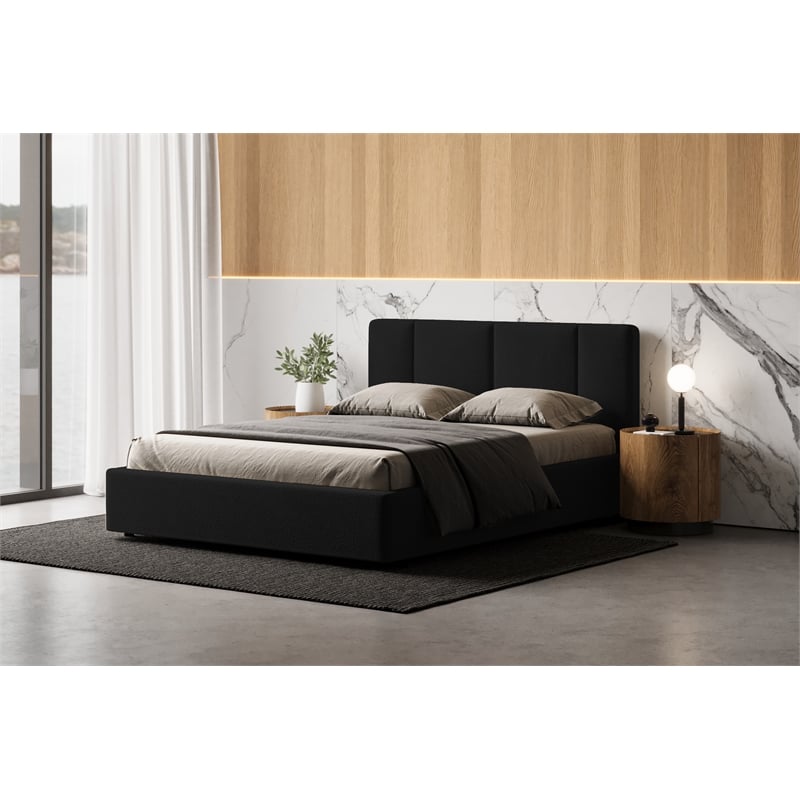Omax Decor Venice Upholstered Platform Queen Bed in Black Boucle Fabric