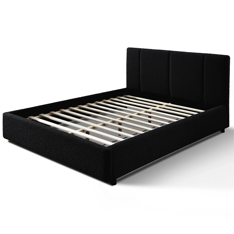 Omax Decor Venice Upholstered Platform Queen Bed in Black Boucle Fabric