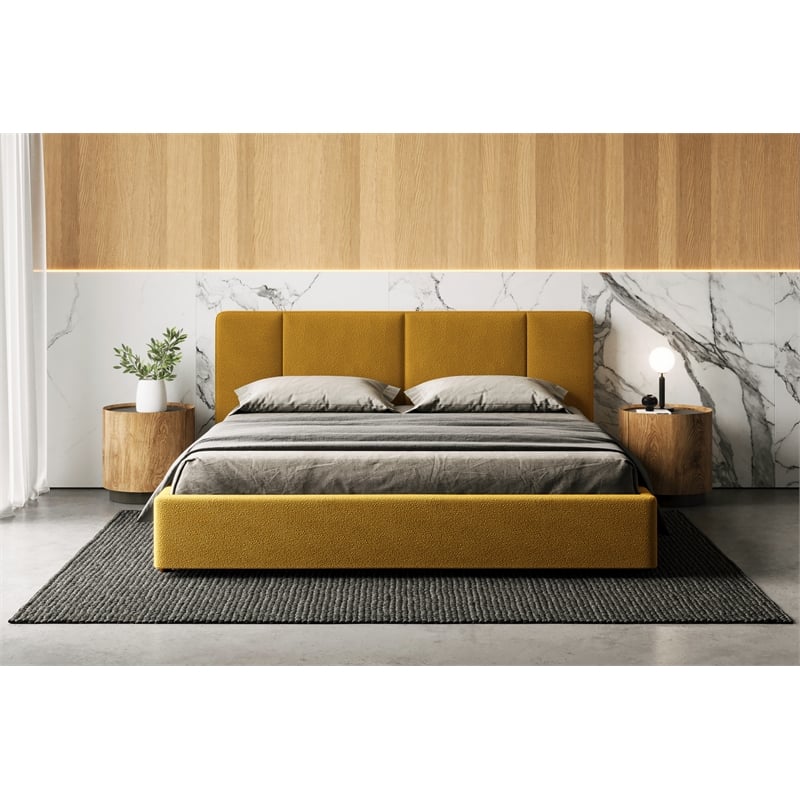 Omax Decor Venice Upholstered Platform King Bed in Mustard Boucle Fabric
