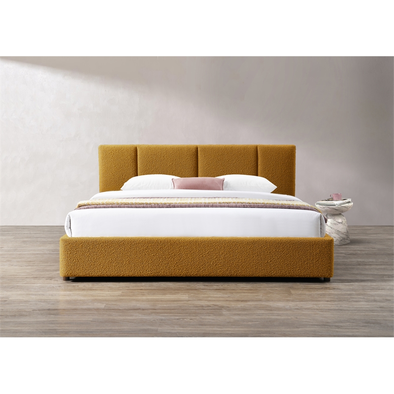 Omax Decor Venice Upholstered Platform King Bed in Mustard Boucle Fabric