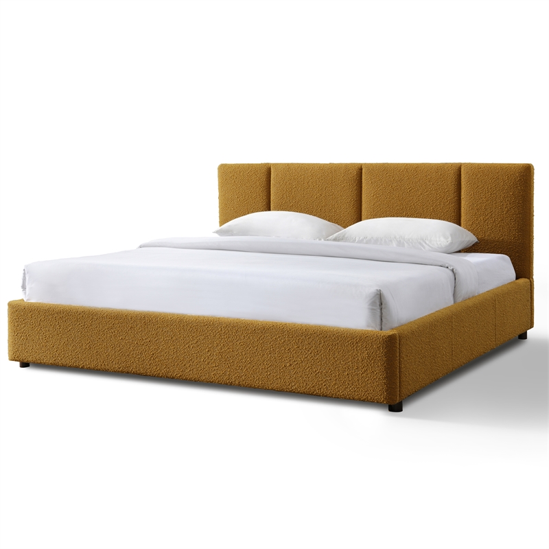 Omax Decor Venice Upholstered Platform King Bed in Mustard Boucle Fabric