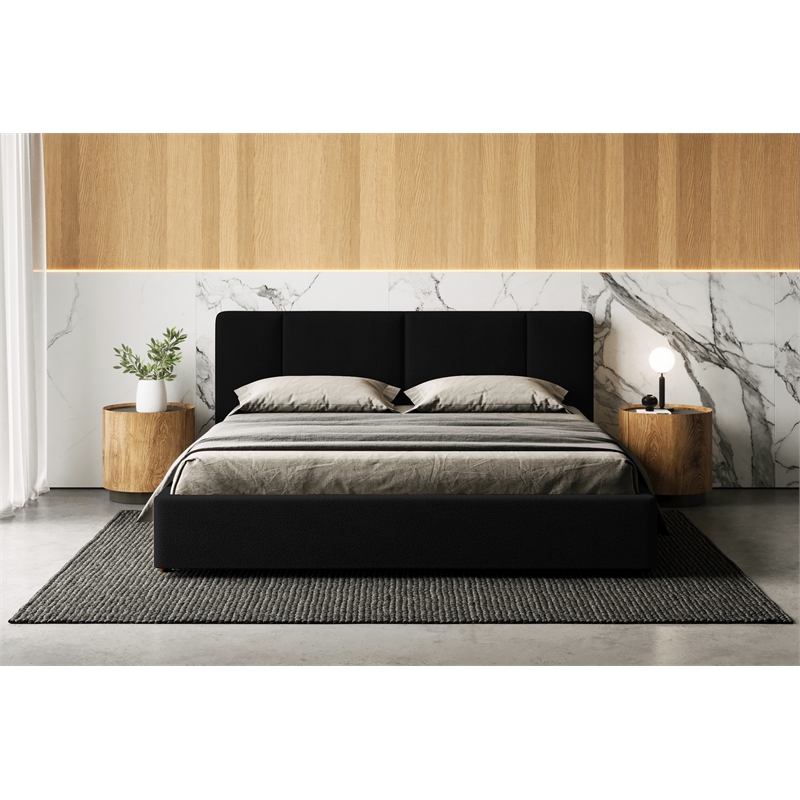 Omax Decor Venice Upholstered Platform King Bed in Black Boucle Fabric