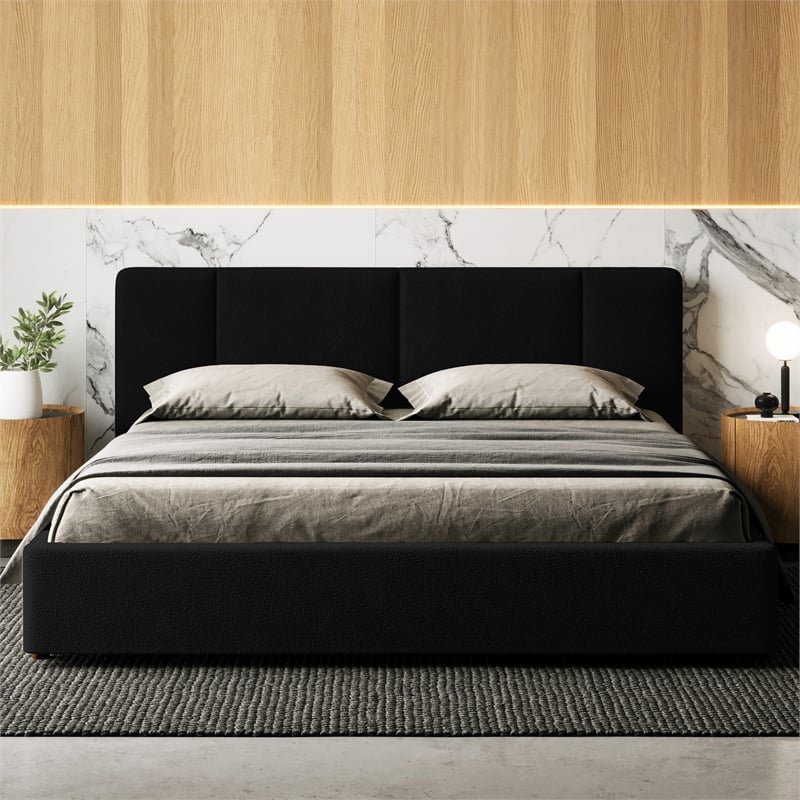 Omax Decor Venice Upholstered Platform King Bed in Black Boucle Fabric