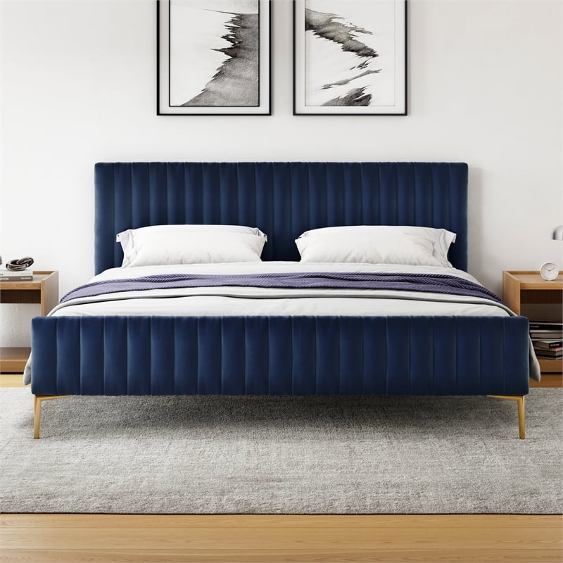 Omax Decor Julia Upholstered Fabric King Platform Bed in Blue Velvet