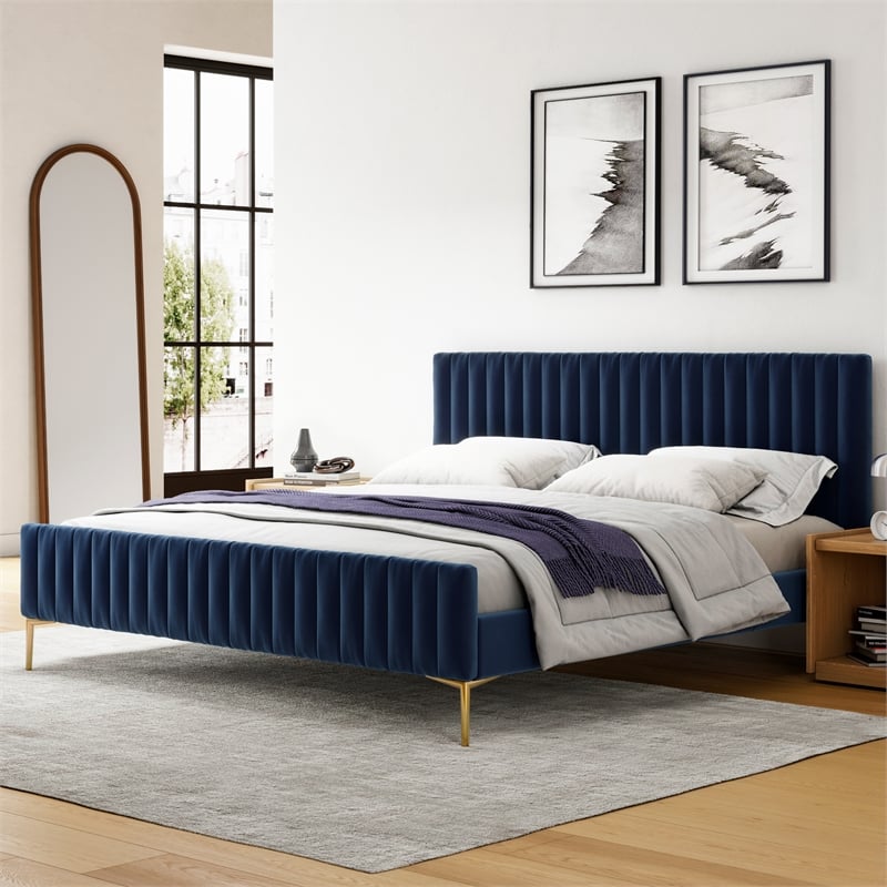 Omax Decor Julia Upholstered Fabric King Platform Bed in Blue Velvet