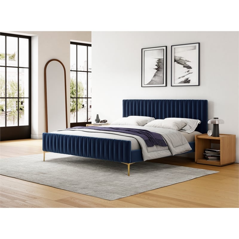 Omax Decor Julia Upholstered Fabric King Platform Bed in Blue Velvet