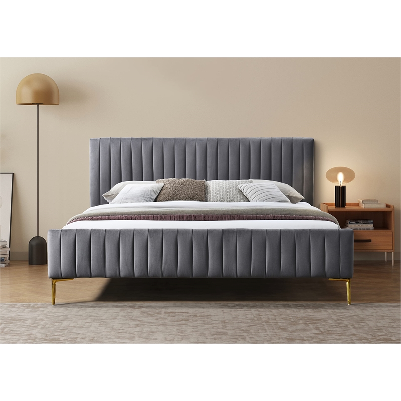Omax Decor Julia Upholstered Fabric King Platform Bed in Blue Velvet
