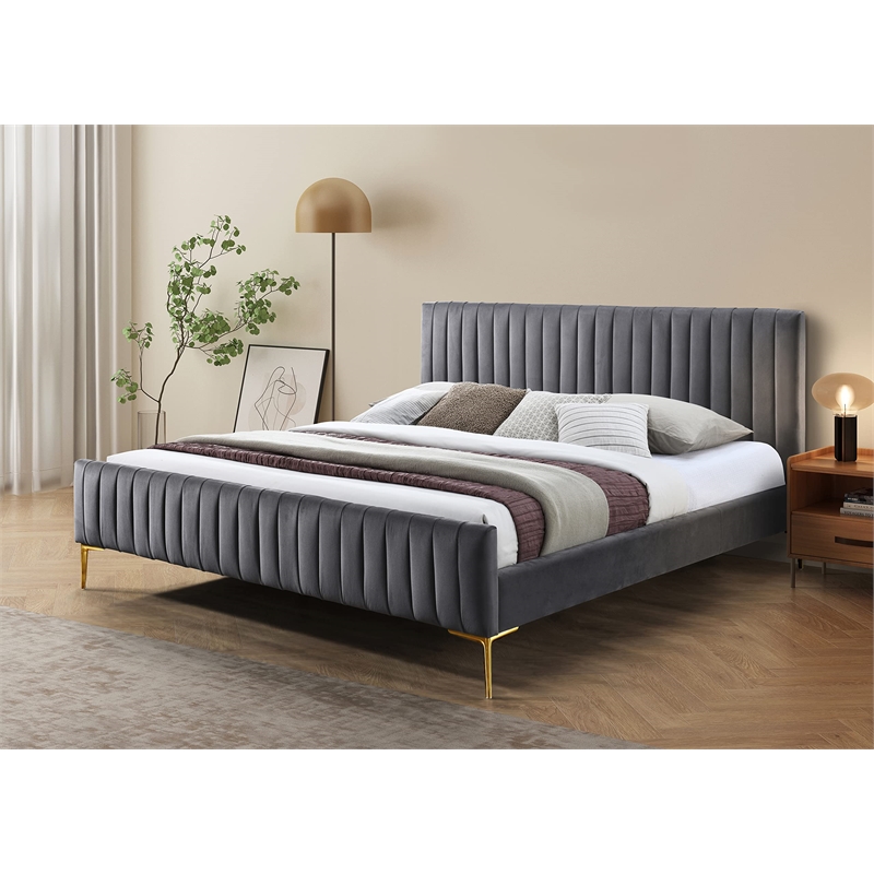 Omax Decor Julia Upholstered Fabric King Platform Bed in Blue Velvet