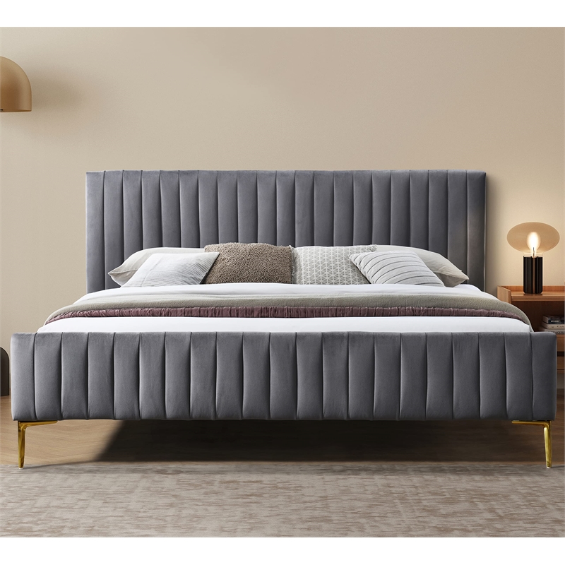 Omax Decor Julia Upholstered Fabric King Platform Bed in Blue Velvet