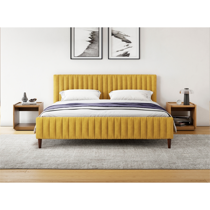 Omax Decor Spencer Wood/Fabric Upholstered King Platform Bed in Mustard