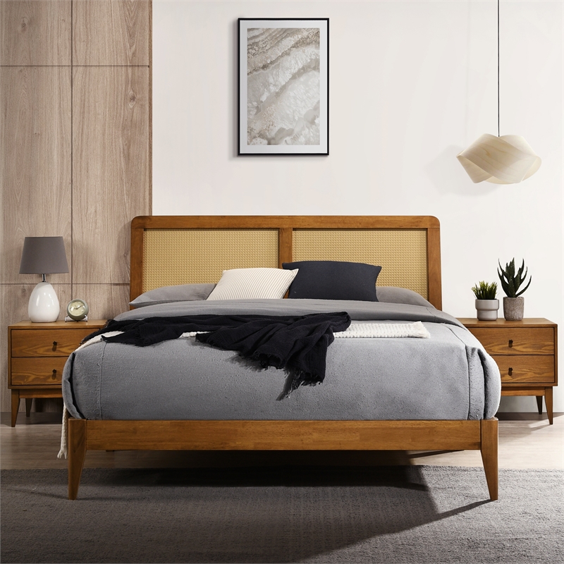 Omax Decor Liam Wooden Queen size Platform Bed with Rattan Headboard
