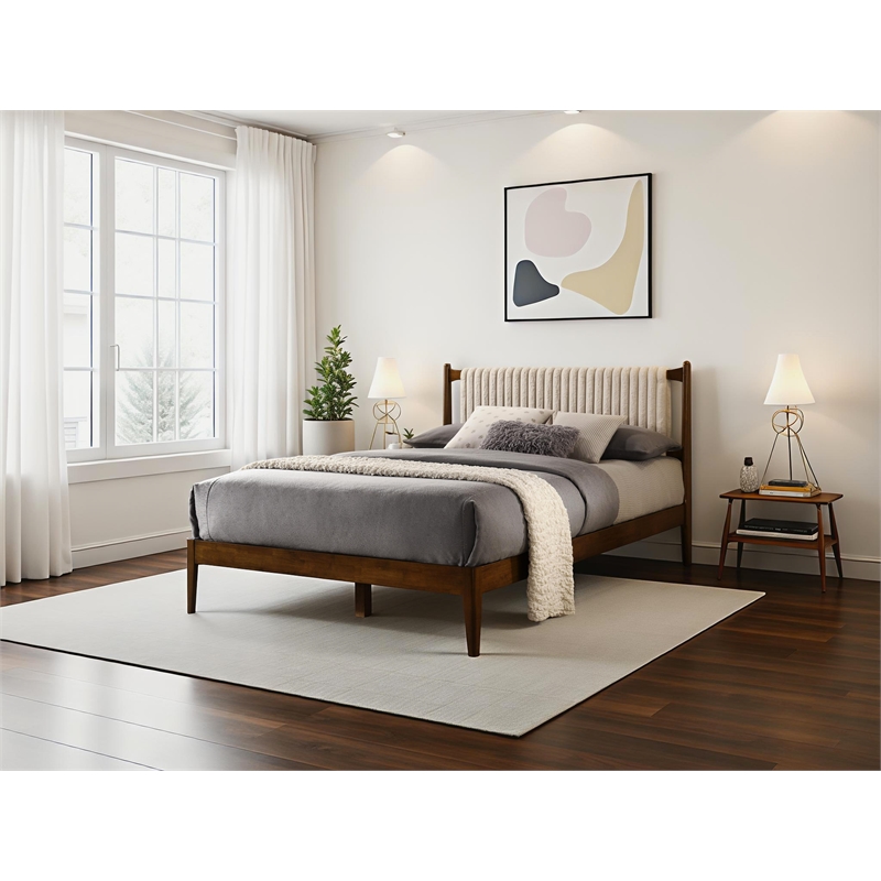 Omax Decor Ella Wooden Queen size Platform Bed in Walnut and Beige