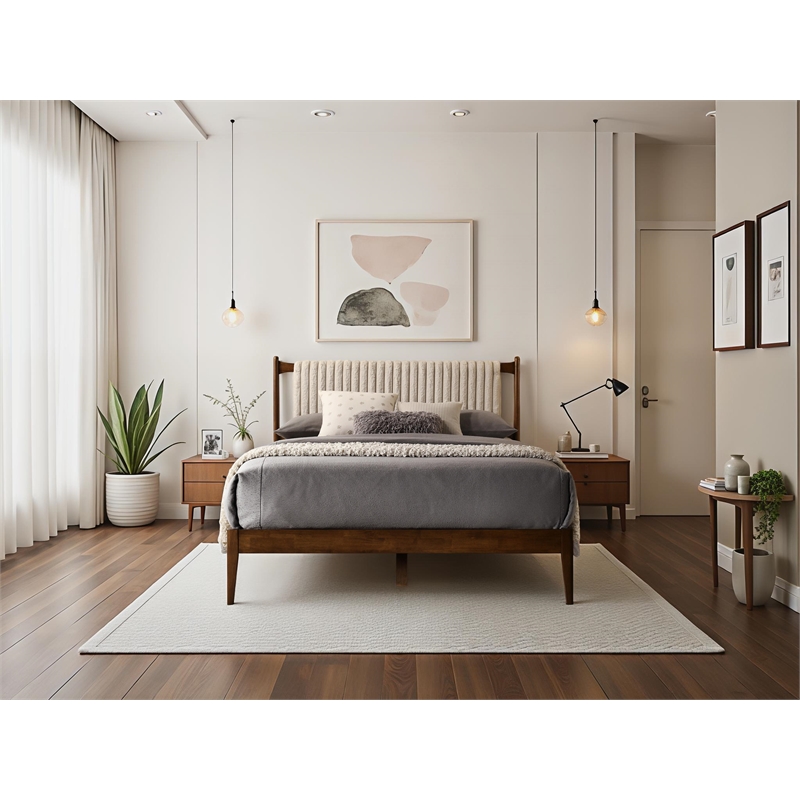 Omax Decor Ella Wooden Queen size Platform Bed in Walnut and Beige