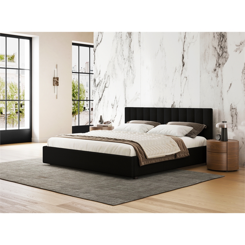 Omax Decor Jaxon Upholstered Platform King Bed in Black Boucle Fabric
