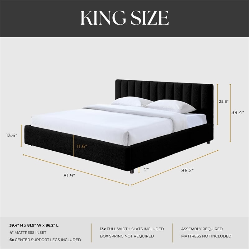 Omax Decor Jaxon Upholstered Platform King Bed in Black Boucle Fabric