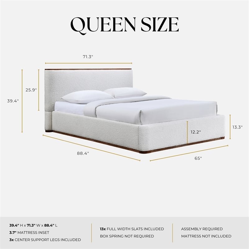 Omax Decor Aspen Upholstered Platform Queen Bed in White Cream Boucle Fabric