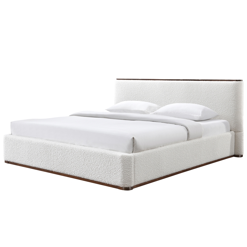 Omax Decor Aspen Upholstered Platform King Bed in White Cream Boucle Fabric