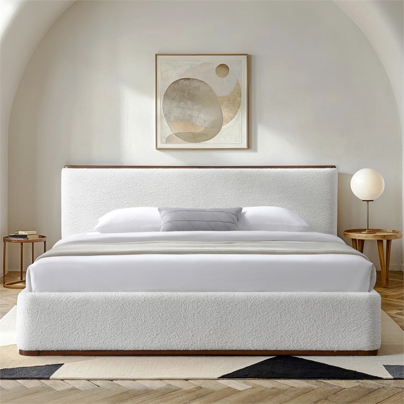 Omax Decor Aspen Upholstered Platform King Bed in White Cream Boucle Fabric