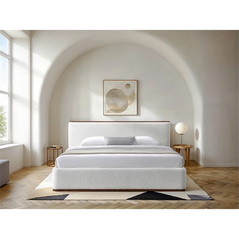 Omax Decor Aspen Upholstered Platform King Bed in White Cream Boucle Fabric