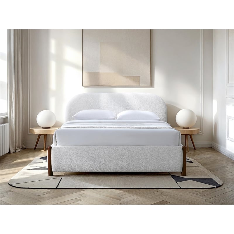 Omax Decor Valencia Upholstered Platform Queen Bed in White Cream Boucle Fabric