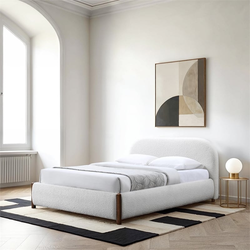 Omax Decor Valencia Upholstered Platform Queen Bed in White Cream Boucle Fabric