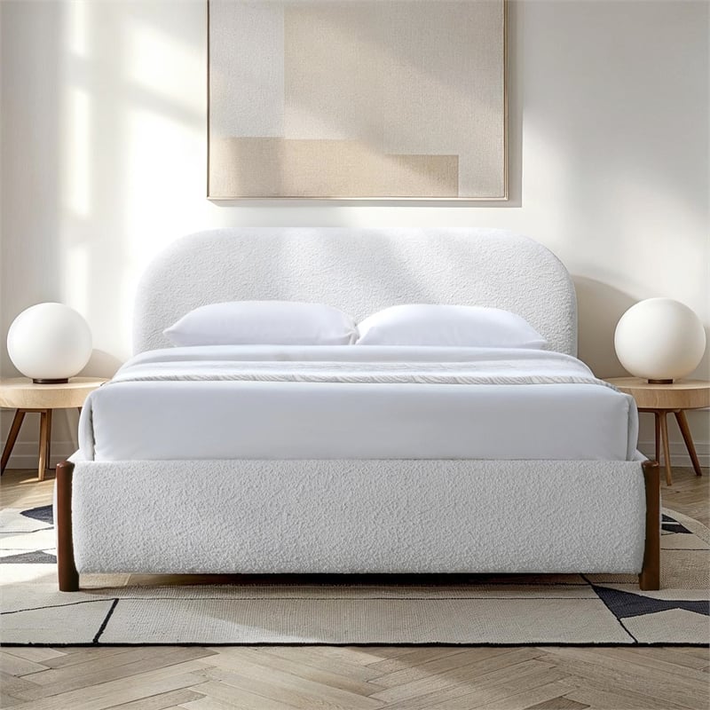 Omax Decor Valencia Upholstered Platform Queen Bed in White Cream Boucle Fabric