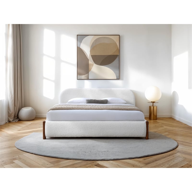 Omax Decor Valencia Upholstered Platform King Bed in White Cream Boucle Fabric